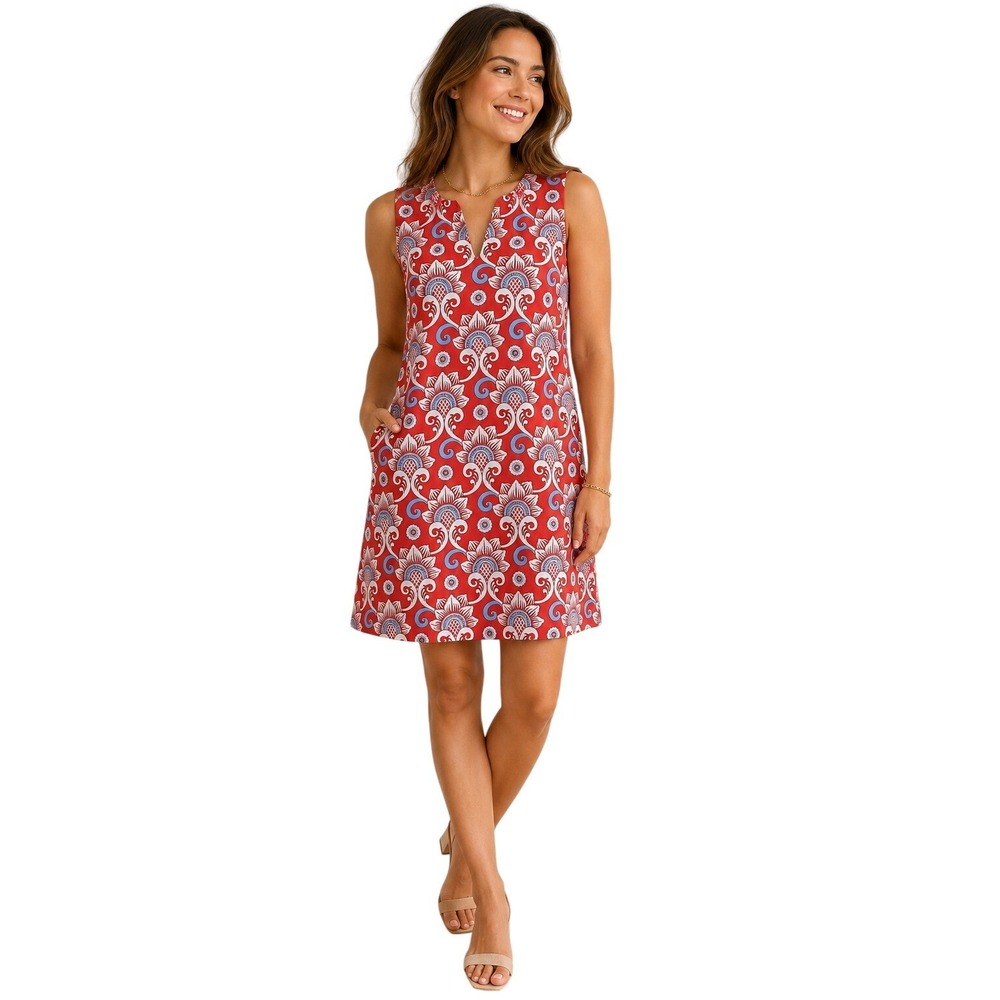 J.McLaughlin Shift Dress Womens S Red Blue Floral Damask Split Neck Sleeveless